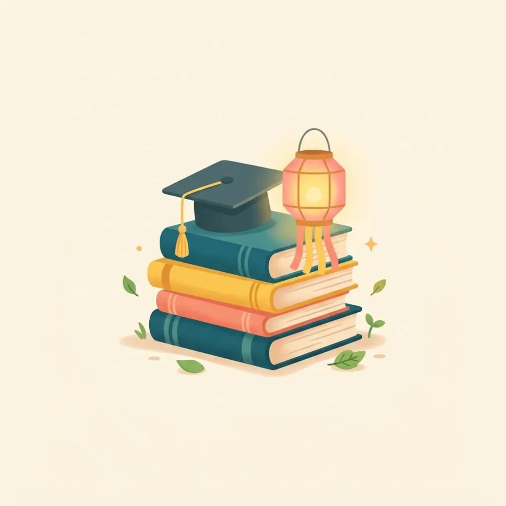กองหนังสือ หมวกรับปริญญา และโคมล้านนาที่ส่องแสง