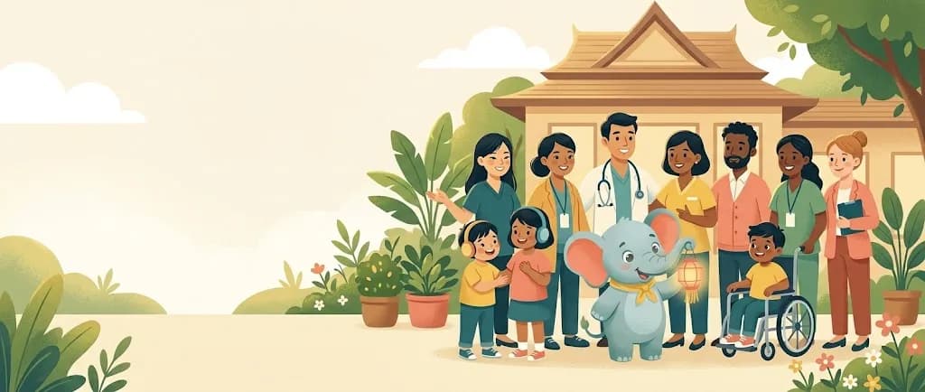 ทีม BrightPath ทั้งแพทย์และนักบำบัด ยืนหน้าอาคารสไตล์ล้านนา พร้อมเด็กๆ และช้างน้อยลูมิ