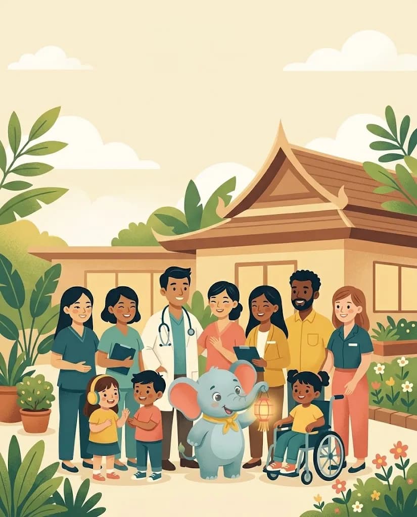 ทีม BrightPath ทั้งแพทย์และนักบำบัด ยืนหน้าอาคารสไตล์ล้านนา พร้อมเด็กๆ และช้างน้อยลูมิ