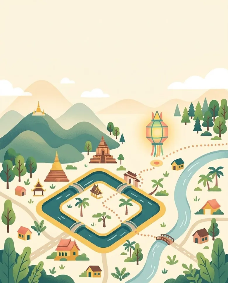 แผนที่ภาพวาดเชียงใหม่ มีคูเมือง แม่น้ำปิง ดอยสุเทพ และโคมไฟส่องตำแหน่ง BrightPath